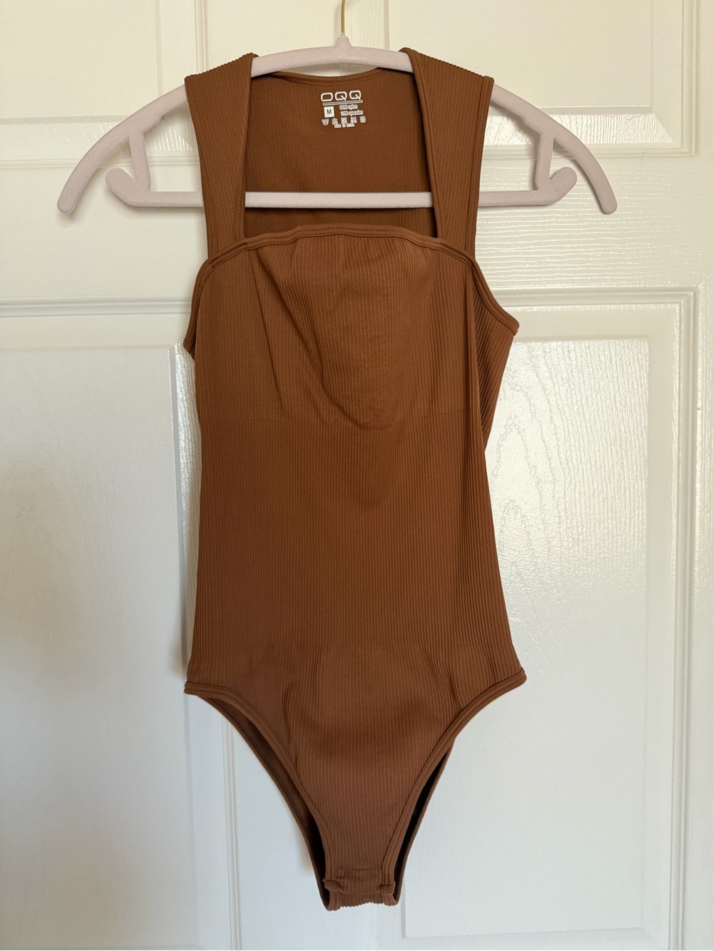 Brown Ribbed Square Neck Bodysuit Size M Stretchy Fitted OQQ Brand